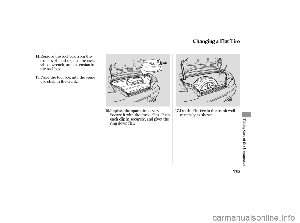 HONDA S2000 2006 2.G Owners Manual Put the flat tire in the trunk well
vertically as shown.
Remove the tool box f rom the
trunk well, and replace the jack,
wheel wrench, and extension in
the tool box.
Place the tool box into the spare
