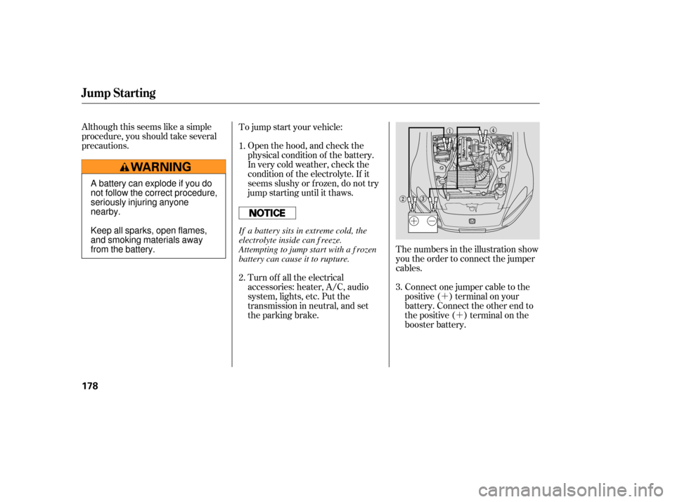HONDA S2000 2006 2.G Owners Manual ´´
Although this seems like a simple
procedure, you should take several
precautions. Open the hood, and check the
physical condition of the battery.
In very cold weather, check the
condition of th