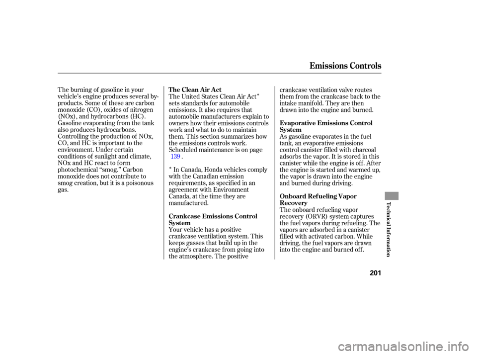 HONDA S2000 2006 2.G Repair Manual ÎÎ
The burning of gasoline in your
vehicle’s engine produces several by-
products. Some of these are carbon
monoxide (CO), oxides of nitrogen
(NOx), and hydrocarbons (HC).
Gasoline evaporating f