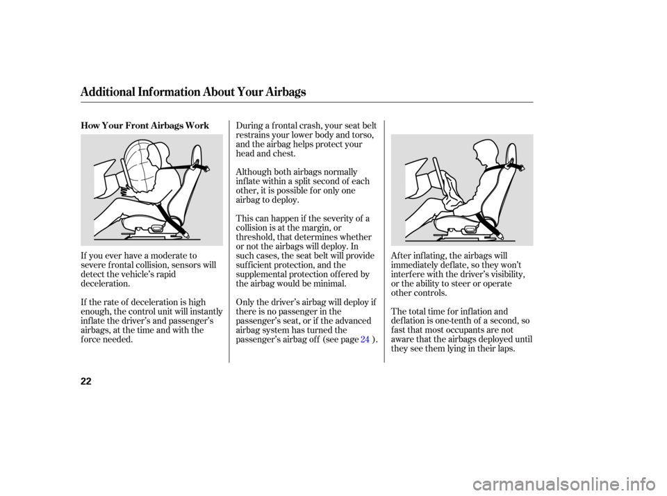 HONDA S2000 2006 2.G Owners Manual The total time for inflation and
def lation is one-tenth of a second, so
f ast that most occupants are not
aware that the airbags deployed until
they see them lying in their laps.
Although both airbag