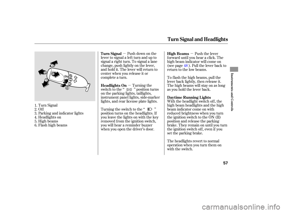 HONDA S2000 2006 2.G Owners Manual µµ µ
Push down on the
lever to signal a lef t turn and up to
signal a right turn. To signal a lane
change, push lightly on the lever,
and hold it. The lever will return to
center when you releas