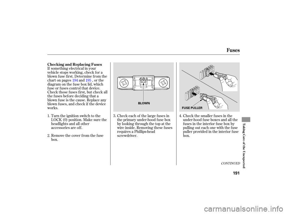 HONDA S2000 2007 2.G Owners Manual CONTINUED
If something  electrical in your
vehicle  stops working,  check  for a
blown  fuse first.  Determine  from the
chart on pages and , or the
diagram on the f use box lid, which
f use or f uses