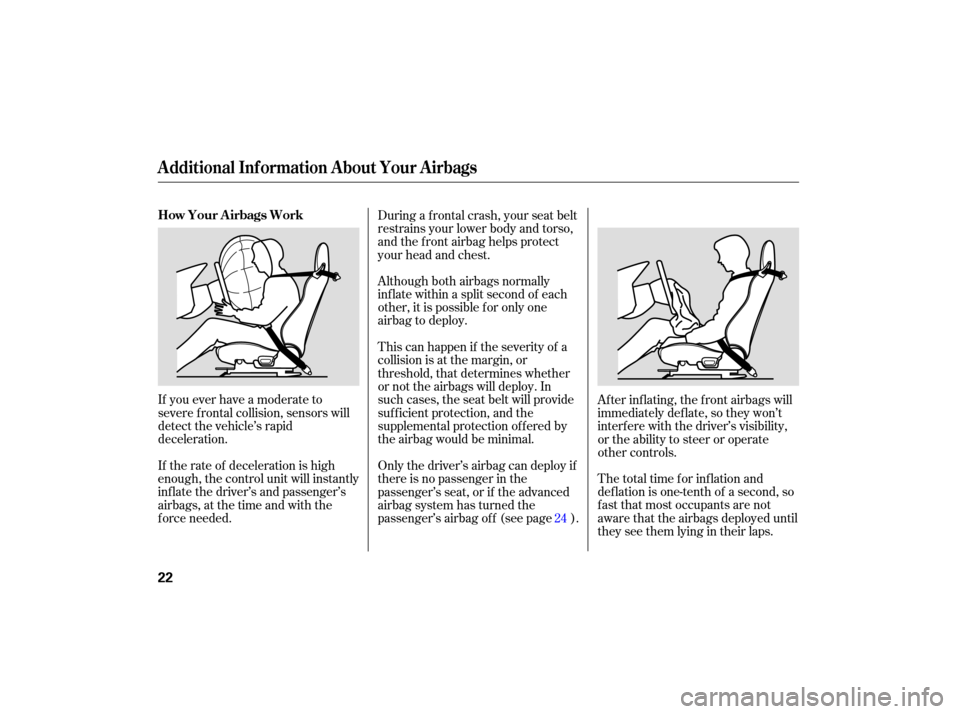 HONDA S2000 2007 2.G Owners Manual The total time for inflation and
defl ation is one-tenth of a second, so
fast that most occupants are not
aware that the airbags deployed until
they see them lying in their laps.
Al
th HONDA S2000 2007 2.G Owners Manual The total time for inflation and
defl ation is one-tenth of a second, so
fast that most occupants are not
aware that the airbags deployed until
they see them lying in their laps.
Al
th