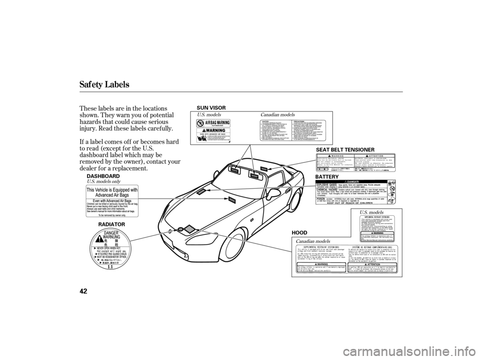 HONDA S2000 2007 2.G Owners Manual These labels are in the locations
shown. They warn you of potential
hazards that could cause serious
injury. Read these labels caref ully.
If a label comes of f or becomes hard
to read (except for the