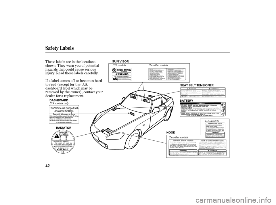 HONDA S2000 2007 2.G Service Manual These labels are in the locations
shown. They warn you of potential
hazards that could cause serious
injury. Read these labels caref ully.
If a label comes of f or becomes hard
to read (except for the