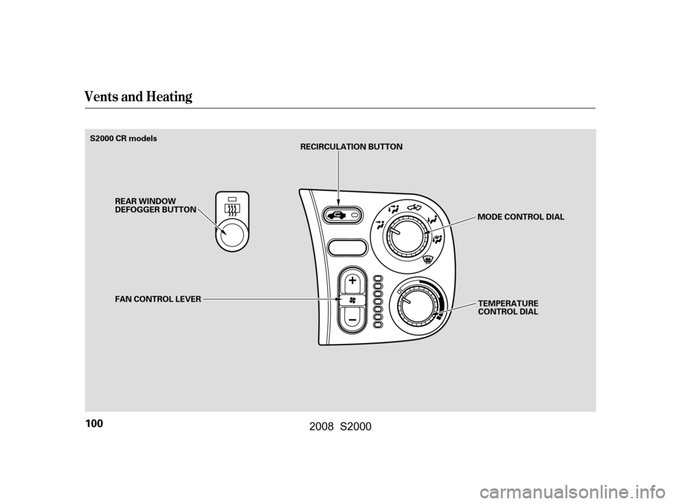 HONDA S2000 2008 2.G Owners Manual Vents and Heating
100
FAN CONTROL LEVERMODE CONTROL DIAL
TEMPERATURE 
CONTROL DIAL
REAR WINDOW
DEFOGGER BUTTON
RECIRCULATION BUTTON
S2000 CR models
\f—\f—y
\f
y
(