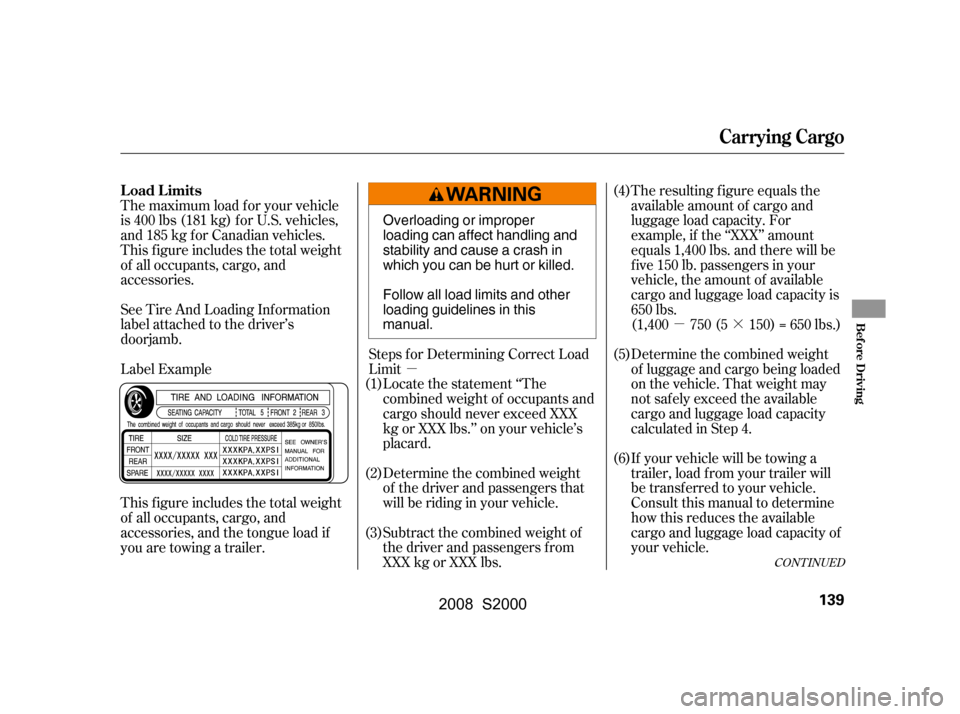HONDA S2000 2008 2.G Owners Manual µµ·
Steps f or Determining Correct Load 
Limit Locate the statement ‘‘The 
combined weight of occupants and 
cargo should never exceed XXX
kg or XXX lbs.’’ on your vehicle’s
placard. 
