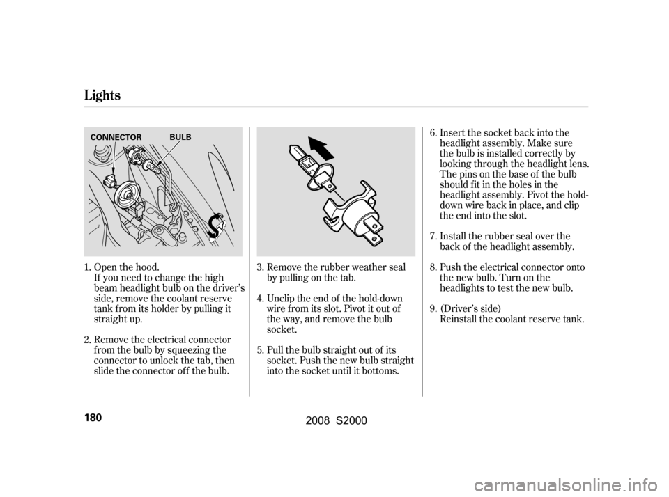 HONDA S2000 2008 2.G Owners Manual Open the hood.
If you need to change the high
beam headlight bulb on the driver’s
side, remove the coolant reserve
tank f rom its holder by pulling it
straight up.
Remove the electrical connecto HONDA S2000 2008 2.G Owners Manual Open the hood.
If you need to change the high
beam headlight bulb on the driver’s
side, remove the coolant reserve
tank f rom its holder by pulling it
straight up.
Remove the electrical connecto
