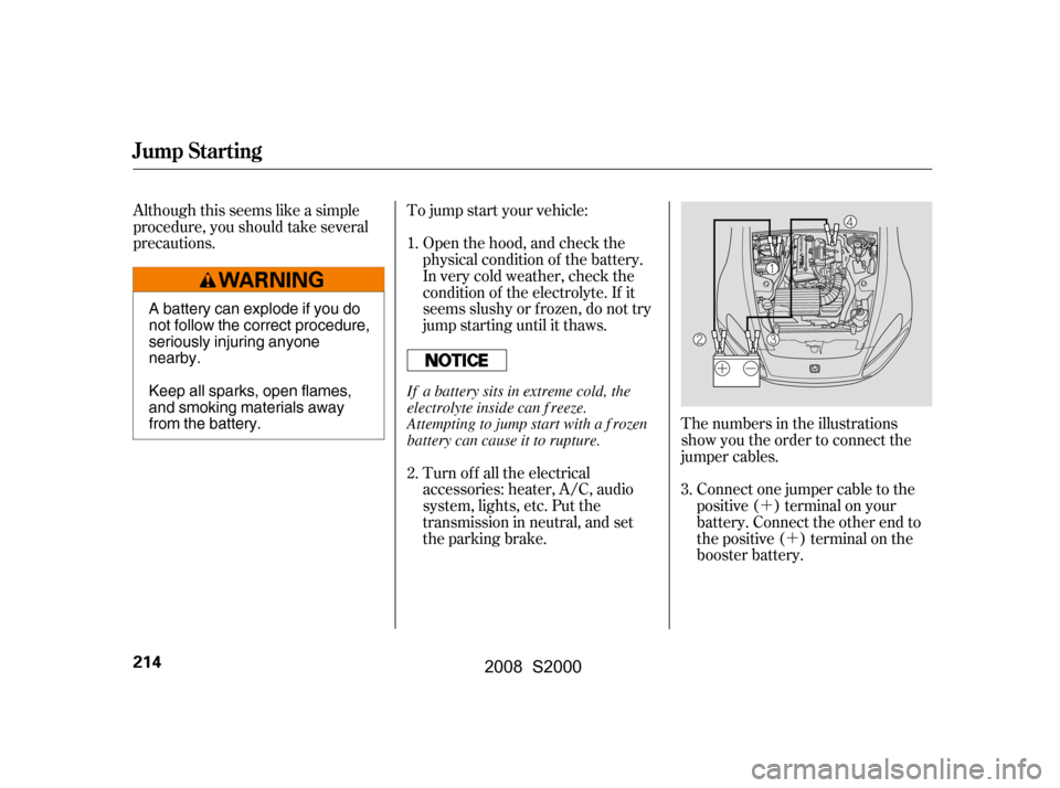 HONDA S2000 2008 2.G Owners Manual ´´
Although this seems like a simple 
procedure, you should take several
precautions. Open the hood, and check the
physical condition of the battery.
In very cold weather, check the
condition of t