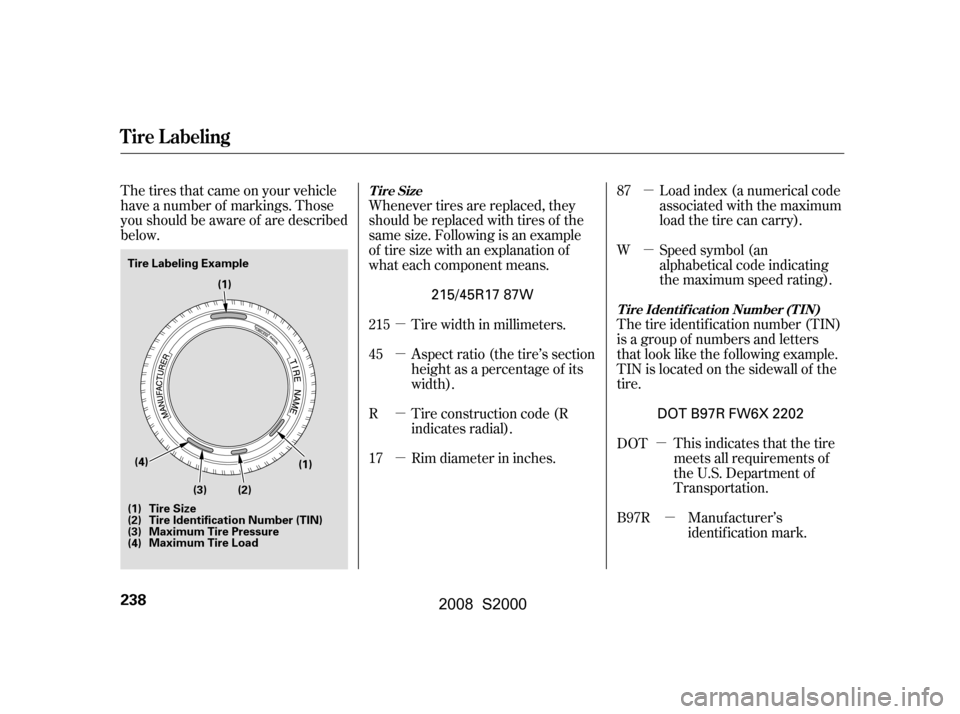 HONDA S2000 2008 2.G Owners Manual µ
µ µ 
µ
µ
µ 
µ 
µ
The tires that came on your vehicle 
have a number of markings. Those
you should be aware of are described
below.
Manuf acturer’s 
identification mark.
This indica