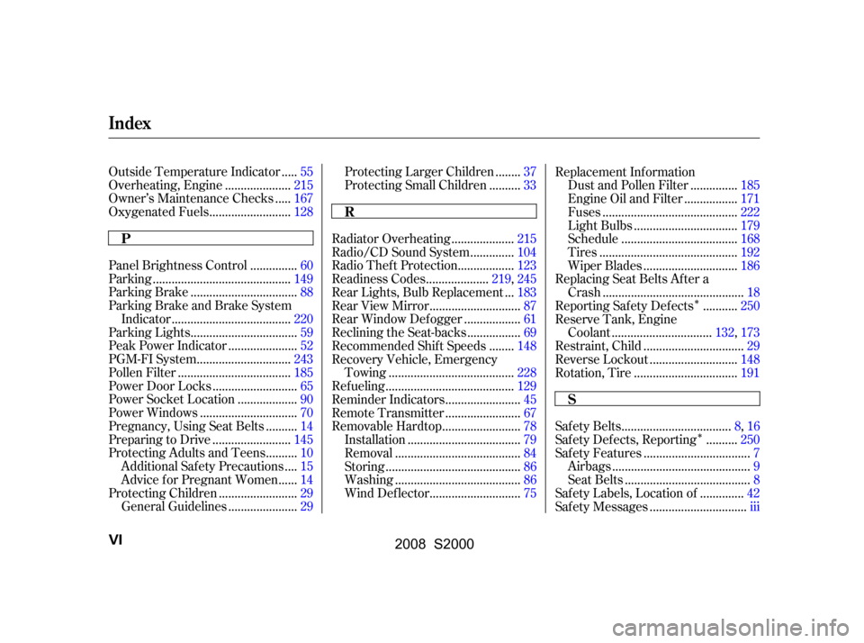 HONDA S2000 2008 2.G Owners Manual 
Î
Î
....
Outside Temperature Indicator .55
....................
Overheating, Engine .215
....
Owner’s Maintenance Checks .167
.........................
Oxygenated Fuels .128
..............
Pane