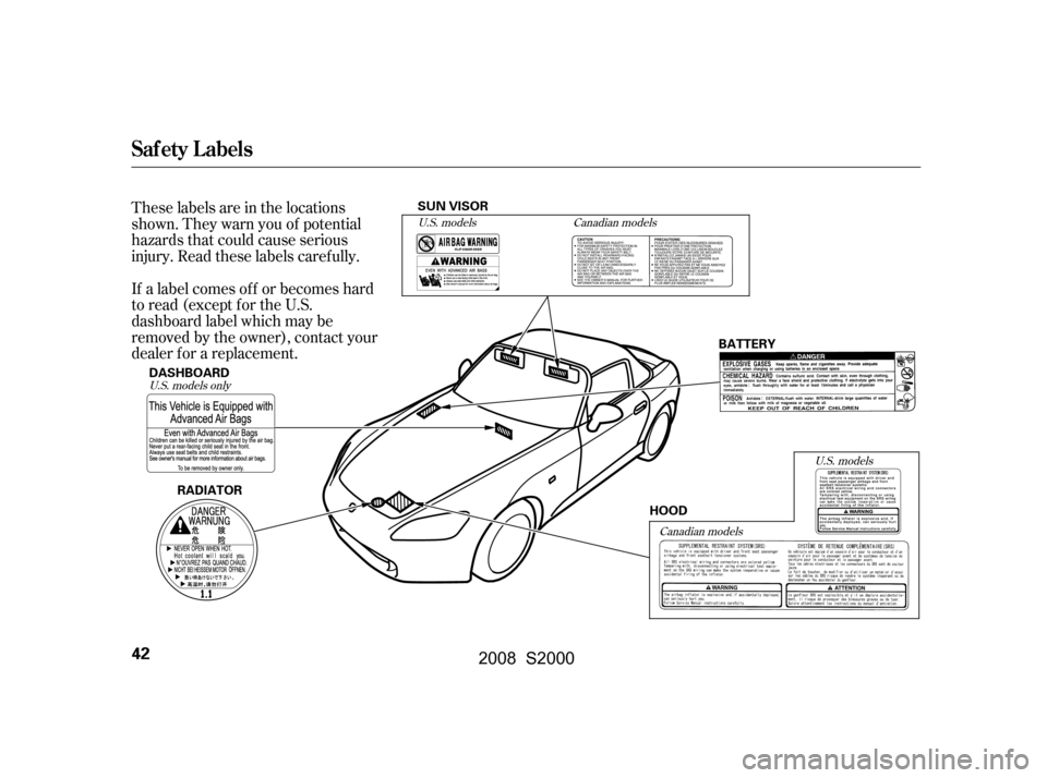 HONDA S2000 2008 2.G Service Manual These labels are in the locations 
shown. They warn you of potential
hazards that could cause serious 
injury. Read these labels caref ully. 
If a label comes of f or becomes hard 
to read (except for