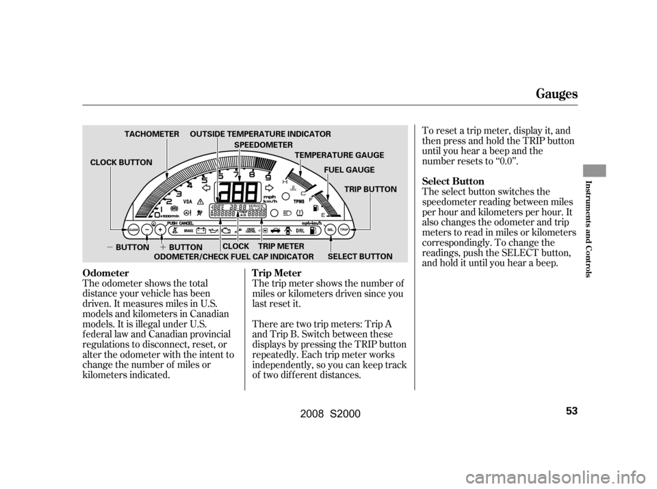 HONDA S2000 2008 2.G Workshop Manual µ´
The trip meter shows the number of 
miles or kilometers driven since you
last reset it.To reset a trip meter, display it, and 
then press and hold the TRIP button
until you hear a beep and the
