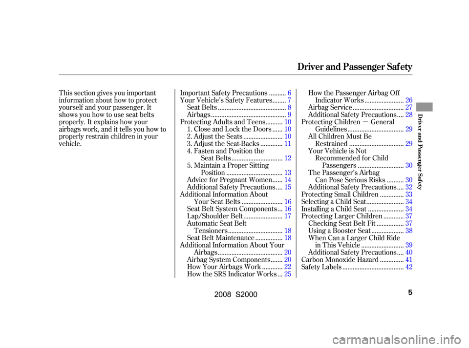 HONDA S2000 2008 2.G Owners Manual 
µ
.........
Important Safety Precautions .6
.......
Your Vehicle’s Saf ety Features .7
.......................................
Seat Belts .8
...........................................
Airbags .9