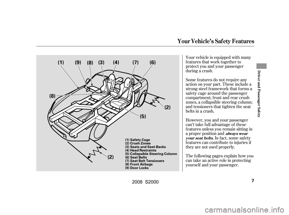 HONDA S2000 2008 2.G Owners Manual Your vehicle is equipped with many 
features that work together to
protect you and your passenger 
during a crash. 
Some f eatures do not require any 
action on your part. These include a
strong steel