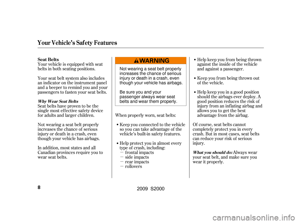 HONDA S2000 2009 2.G Owners Manual µ 
µ
µ
µ
Your vehicle is equipped with seat
belts in both seating positions.
Keep you f rom being thrown out
of the vehicle. 
Help keep you in a good position 
should the airbags ever deploy. 