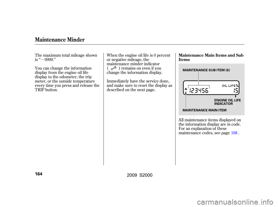 HONDA S2000 2009 2.G Owners Manual µ
The maximum total mileage shown 
is ‘‘ 9999.’’ When the engine oil lif e is 0 percent
or negative mileage, the
maintenance minder indicator
( )remainsonevenif you
change the inf ormation d