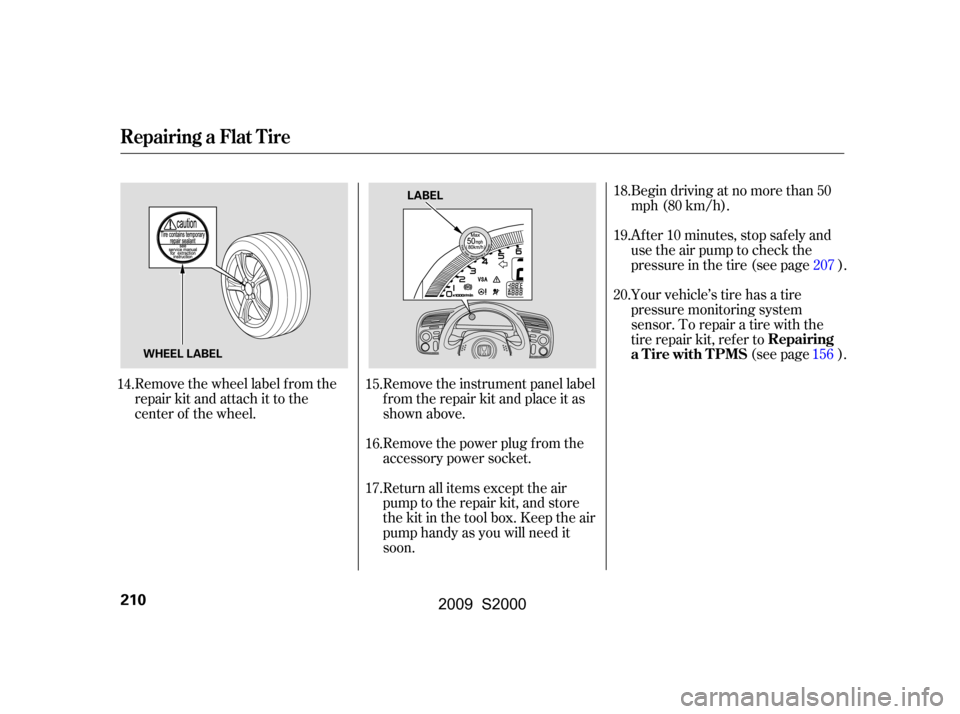 HONDA S2000 2009 2.G User Guide Remove the wheel label f rom the 
repair kit and attach it to the
center of the wheel.Remove the instrument panel label
f rom the repair kit and place it as
shown above. 
Remove the power plug f rom t