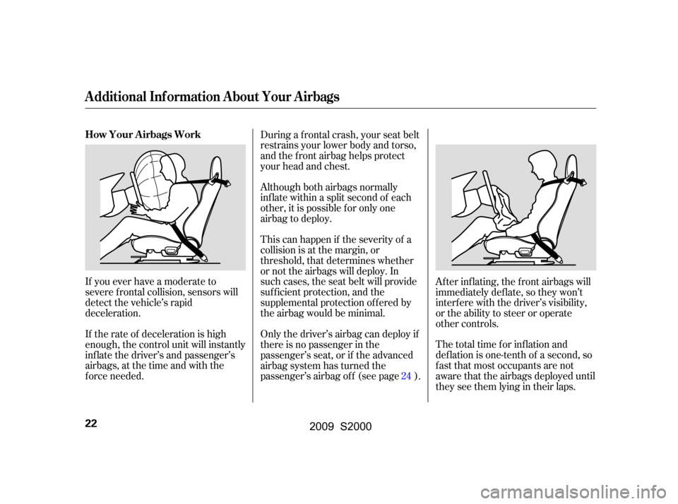 HONDA S2000 2009 2.G Owners Manual The total time for inflation and
def lation is one-tenth of a second, so
f ast that most occupants are not
aware that the airbags deployed until
they see them lying in their laps.
Although both airba HONDA S2000 2009 2.G Owners Manual The total time for inflation and
def lation is one-tenth of a second, so
f ast that most occupants are not
aware that the airbags deployed until
they see them lying in their laps.
Although both airba