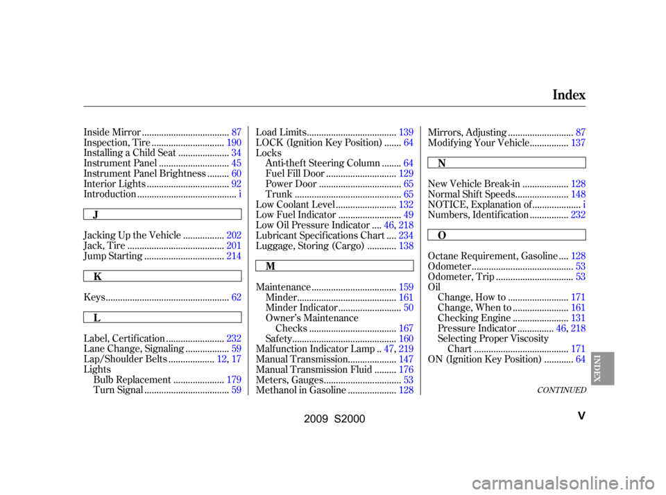 HONDA S2000 2009 2.G Owners Manual 
CONT INUED
...................................
Inside Mirror .87
.............................
Inspection, Tire .190
....................
Installing a Child Seat .34
............................
Inst