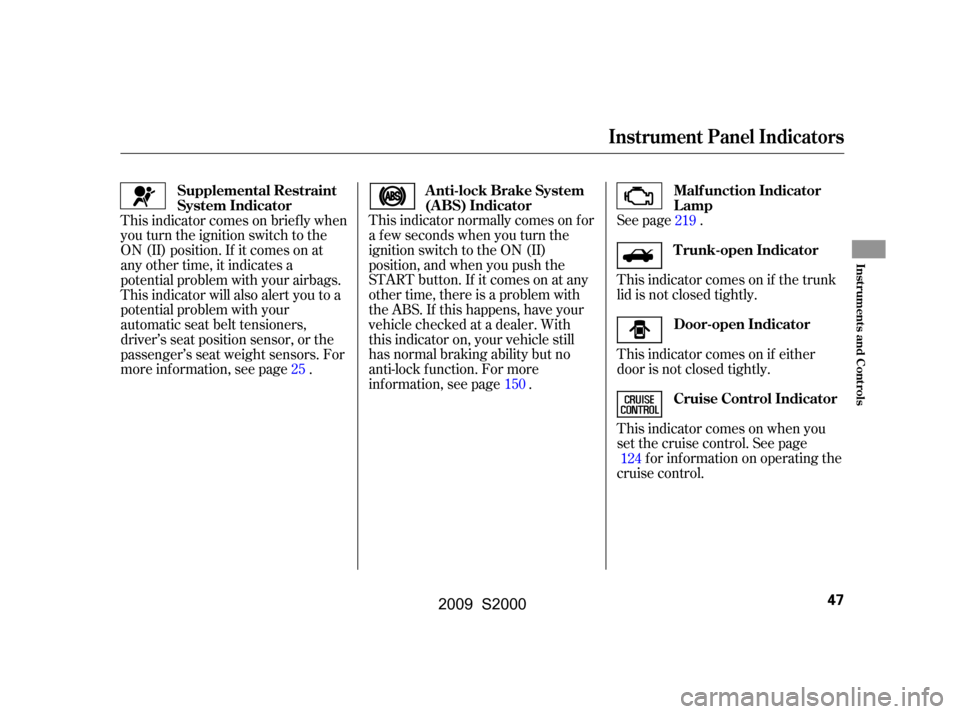HONDA S2000 2009 2.G Service Manual See page . 
This indicator comes on if the trunk 
lid is not closed tightly. 
This indicator comes on if either 
door is not closed tightly. 
This indicator comes on when you 
set the cruise control. 