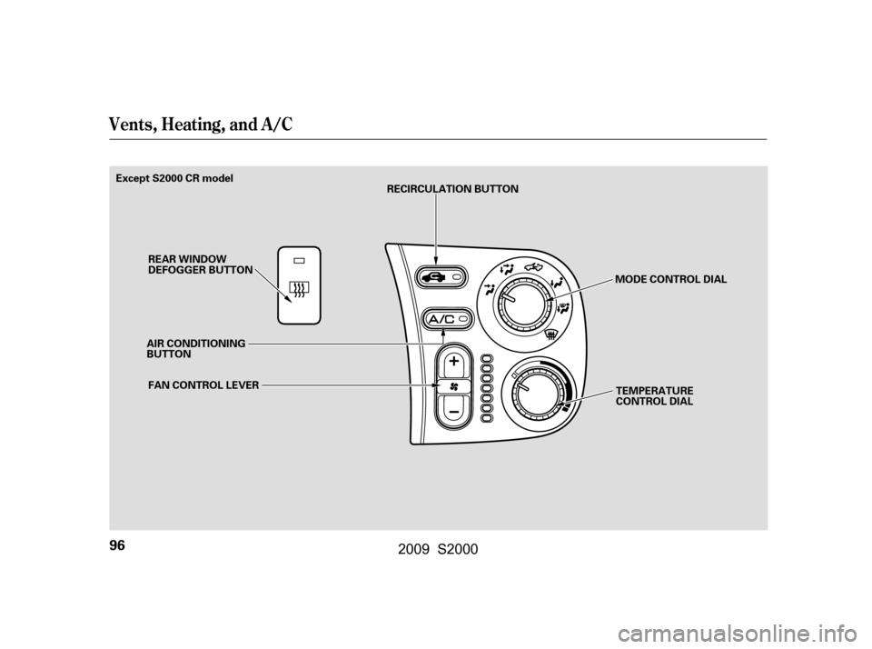 HONDA S2000 2009 2.G Owners Manual Vents, Heating, and A/C
96
AIR CONDITIONING 
BUTTONFAN CONTROL LEVER MODE CONTROL DIAL
TEMPERATURE
CONTROL DIAL
REAR WINDOW
DEFOGGER BUTTON
RECIRCULATION BUTTON
Except S2000 CR model
 2009  S2000   