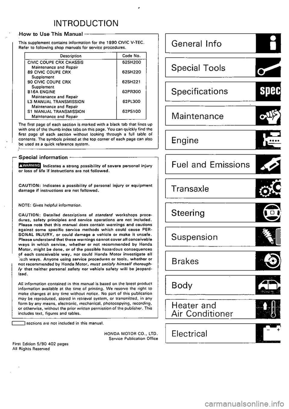 HONDA CIVIC 1990 4.G Supplement Workshop Manual 