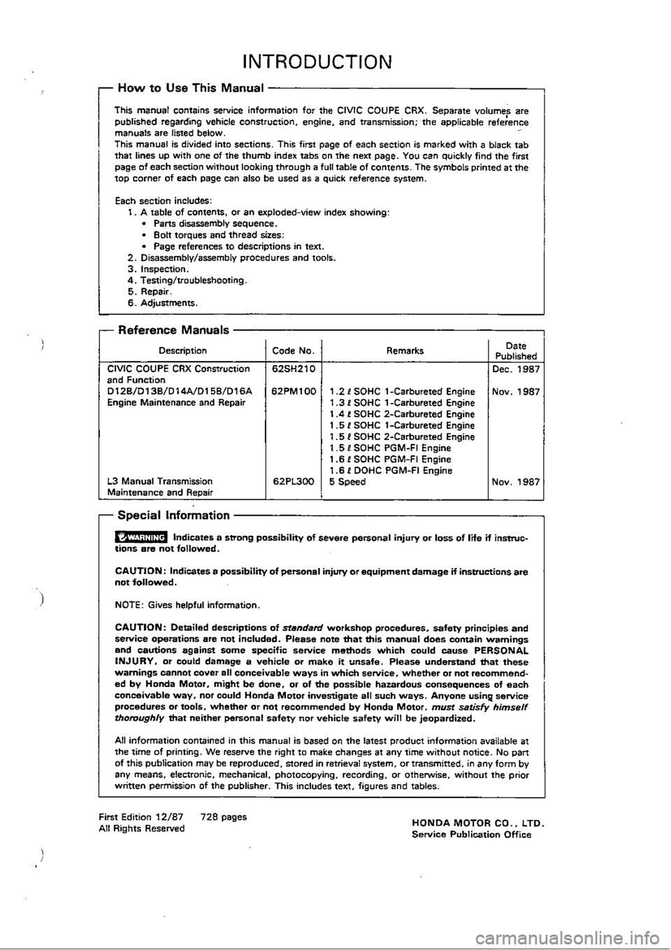 HONDA CIVIC 1988 4.G Workshop Manual 