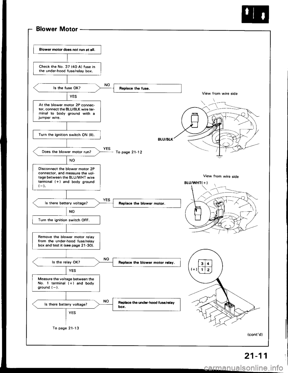 HONDA INTEGRA 1994 4.G Owners Manual Blower Motor
View from wire side
View from wire side
Blowor motor doos noi iun at all.
check the No. 37 (4o A) fuse intho under-hood fuse/relay box.
At th€ blower motor 2P connec-tor, connect the BL HONDA INTEGRA 1994 4.G Owners Manual Blower Motor
View from wire side
View from wire side
Blowor motor doos noi iun at all.
check the No. 37 (4o A) fuse intho under-hood fuse/relay box.
At th€ blower motor 2P connec-tor, connect the BL