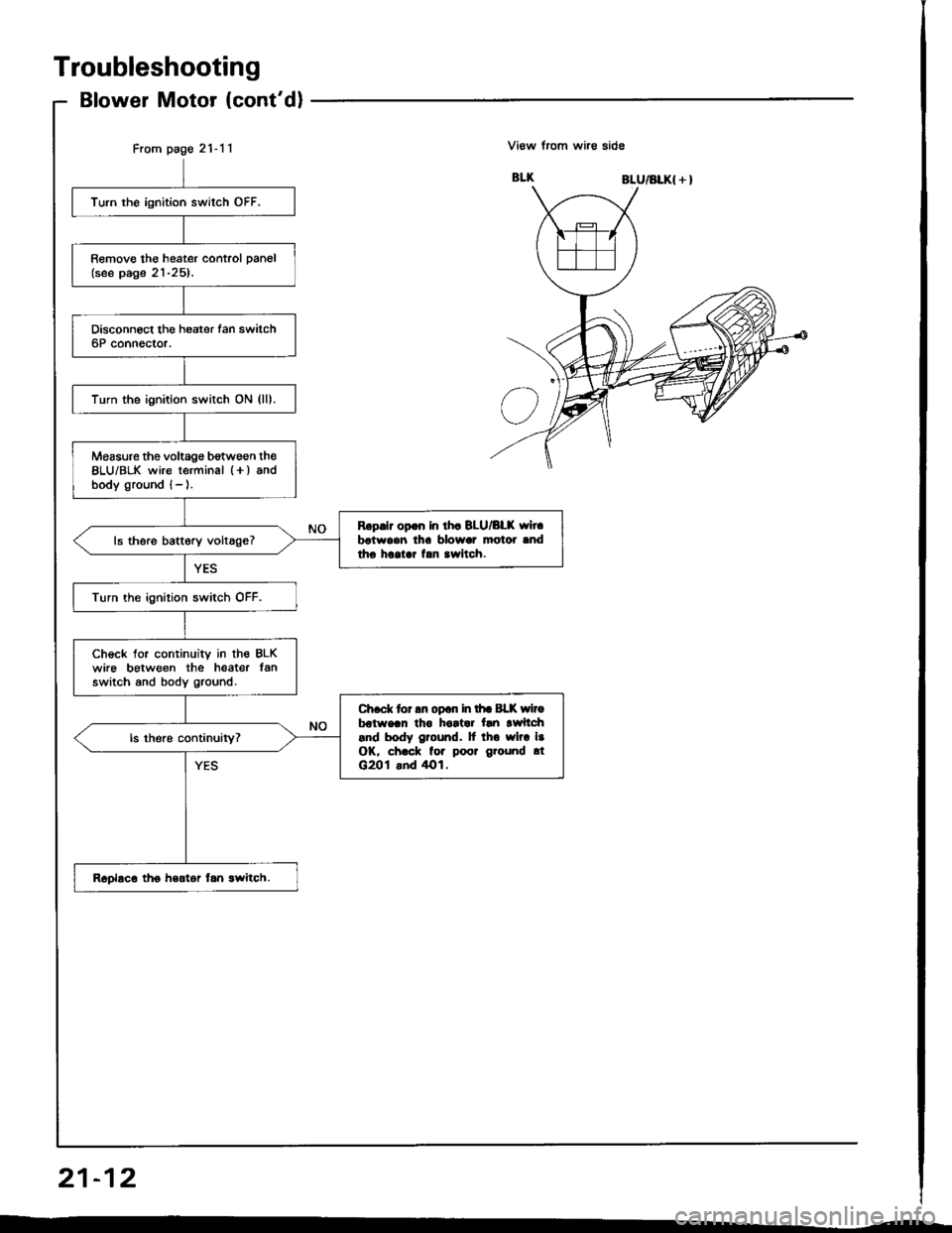 HONDA INTEGRA 1994 4.G Workshop Manual From page 21-11
Turn the ignition switch OFF.
Remove the heater control pan6l(see page 21-25).
Turn the ignition switch ON (lll.
Measure the voltage b€twsen the8LU/BLK wire terminal l+) andbody grou HONDA INTEGRA 1994 4.G Workshop Manual From page 21-11
Turn the ignition switch OFF.
Remove the heater control pan6l(see page 21-25).
Turn the ignition switch ON (lll.
Measure the voltage b€twsen the8LU/BLK wire terminal l+) andbody grou