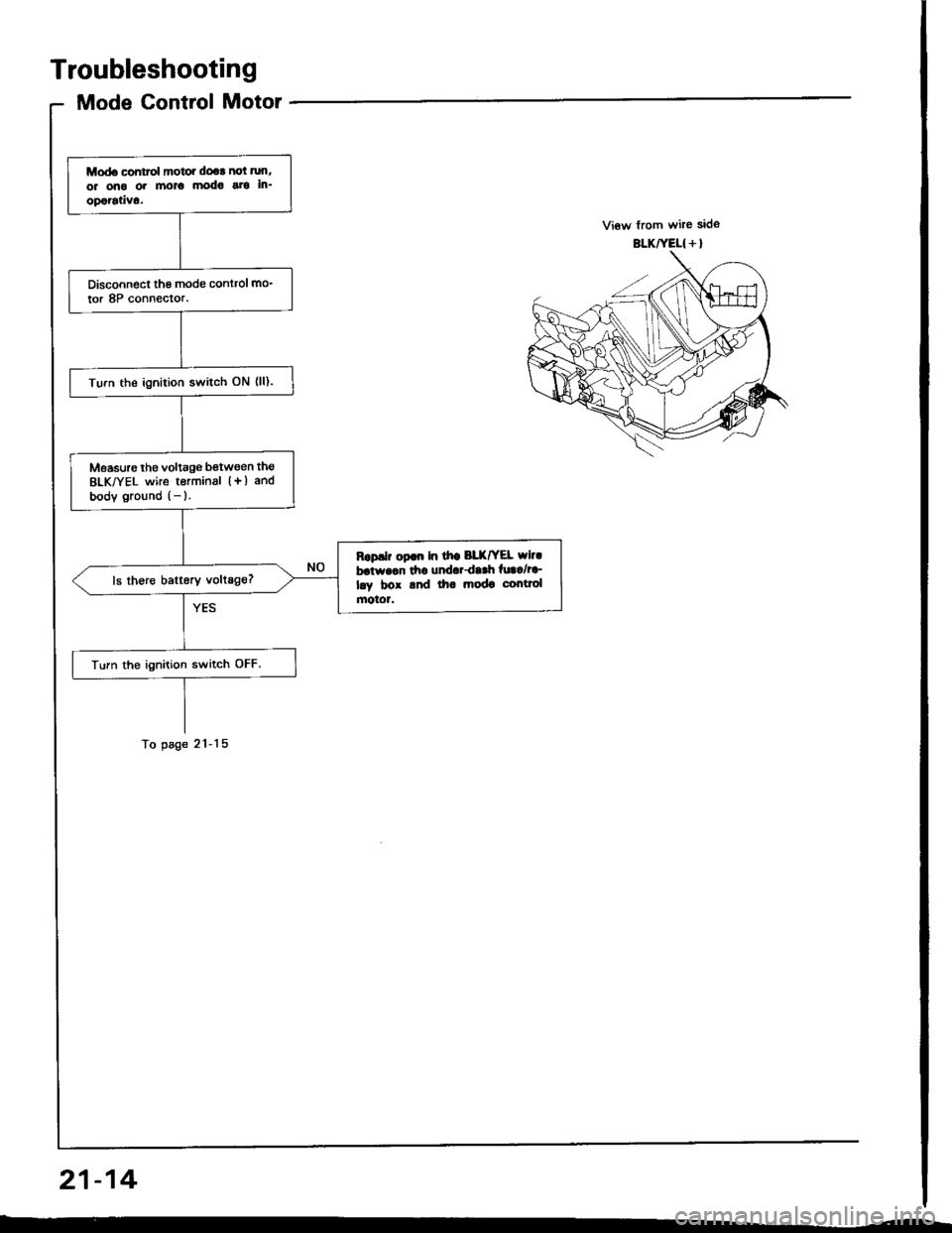 HONDA INTEGRA 1994 4.G Repair Manual Troubleshooting
Mode Control Motor
21-14
Modo control motor dooa not nm,
or ono oa moto modo arc In_
oporgtivo.
Disconnect th6 mode control mo_
tor 8P connector.
Turn the ignition switch ON (ll).
Meas HONDA INTEGRA 1994 4.G Repair Manual Troubleshooting
Mode Control Motor
21-14
Modo control motor dooa not nm,
or ono oa moto modo arc In_
oporgtivo.
Disconnect th6 mode control mo_
tor 8P connector.
Turn the ignition switch ON (ll).
Meas