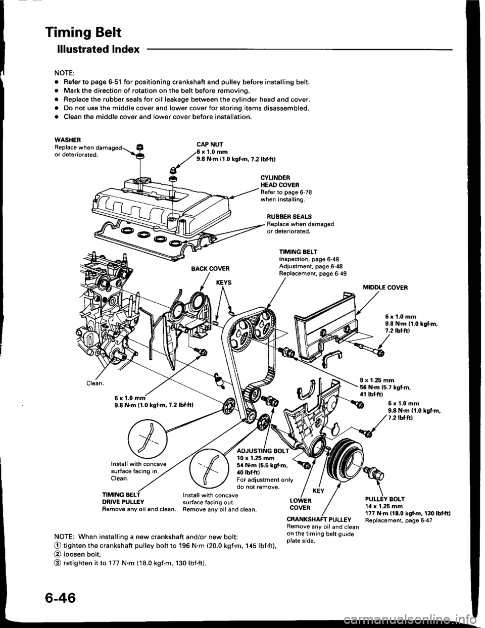 HONDA INTEGRA 1994 4.G Workshop Manual Timing Belt
. ReJerto page 6-51 for positioning crankshaft and pulley before installing belt.. Mark the direction of rotation on the belt before removing.
. Replace the rubber seals for oil leakage be