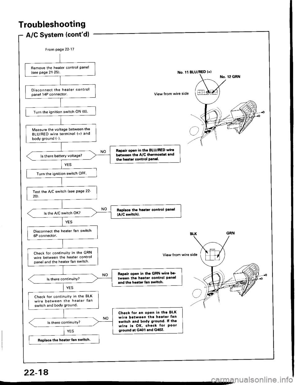 HONDA INTEGRA 1994 4.G Repair Manual Troubleshooting
Remove the heater control Panel(see page 21 25)
Disconnect the heater controlpanel 14P connector
Turn the ignition switch ON (lI).
Measure the voltage between the
BLU/RED wire termina HONDA INTEGRA 1994 4.G Repair Manual Troubleshooting
Remove the heater control Panel(see page 21 25)
Disconnect the heater controlpanel 14P connector
Turn the ignition switch ON (lI).
Measure the voltage between the
BLU/RED wire termina
