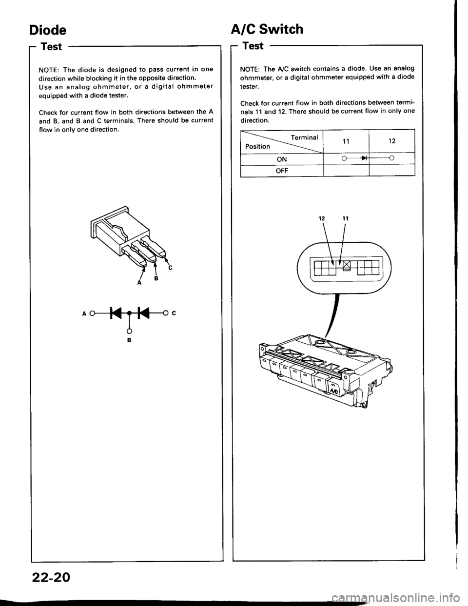 HONDA INTEGRA 1994 4.G Repair Manual Diode
Test
NOTE: The diode is designed to pass current in one
direction while blocking it in the opposite direction.
Use an analog ohmmeter, or a digital ohmmeter
equipped with a diode tester.
Check f HONDA INTEGRA 1994 4.G Repair Manual Diode
Test
NOTE: The diode is designed to pass current in one
direction while blocking it in the opposite direction.
Use an analog ohmmeter, or a digital ohmmeter
equipped with a diode tester.
Check f