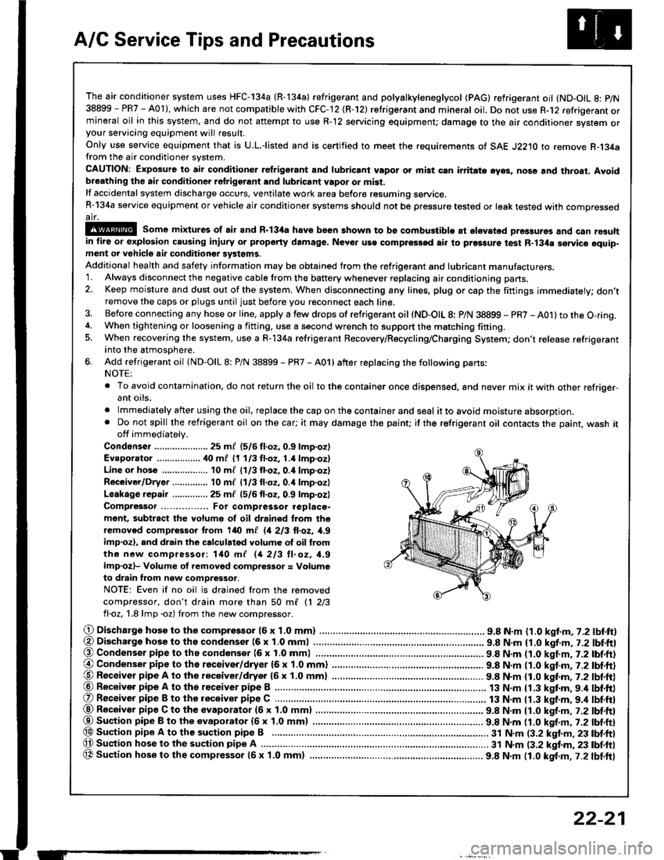 HONDA INTEGRA 1994 4.G Service Manual A/C Service Tips and Precautions
The air conditioner system uses HFC-134a (R-134a) .efrigerant and polyalkyleneglycol (PAG) retrigerant oil (ND-OIL g: p/N
38899 - PR7 - A0l ), which are not compatible