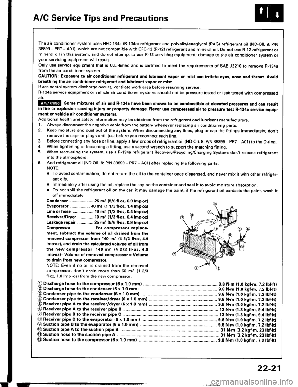 HONDA INTEGRA 1994 4.G Workshop Manual A/C Service Tips and Precautions
The air conditioner system uses HFC-134a (R-134a) .efrigerant and polyalkyleneglycol (PAG) retrigerant oil (ND-OIL g: p/N
38899 - PR7 - A0l ), which are not compatible