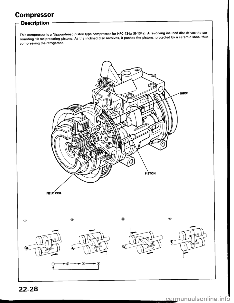 HONDA INTEGRA 1994 4.G Workshop Manual Gompressor
Description
This compressor is a Nippondenso piston type compressor for HFC-134a (R-�|34a). A revolving inclined disc drives the sur-
rounding 10 reciprocating prstons. As the inclined dis