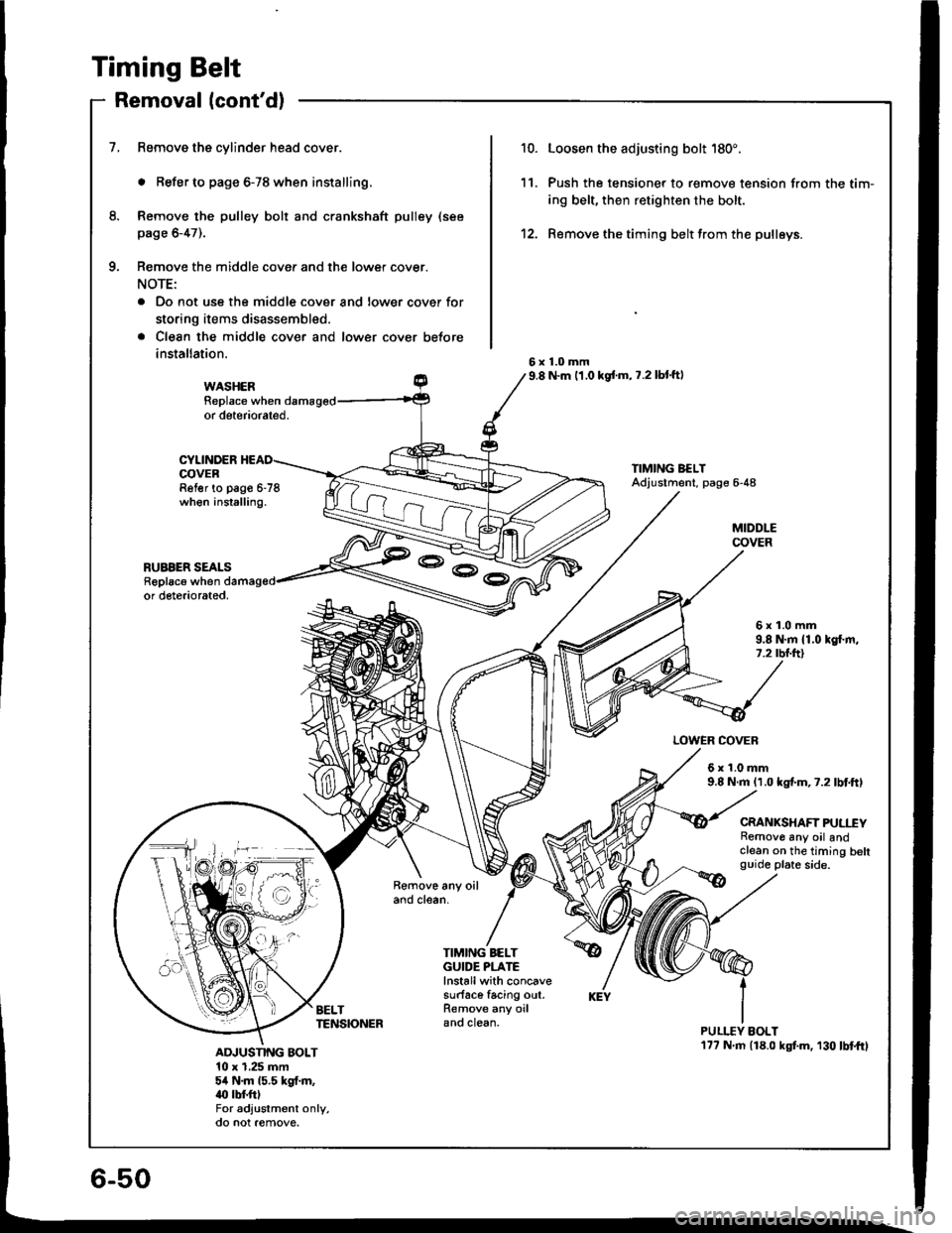 HONDA INTEGRA 1994 4.G Owners Guide Timing Belt
Removal lcontd)
1.Remove the cylinder head cover.
. Refer to page 6-78 when installing.
Remove the pulley bolt and crankshaft pulley (see
page 6-47).
Remove the middle cover and the lower