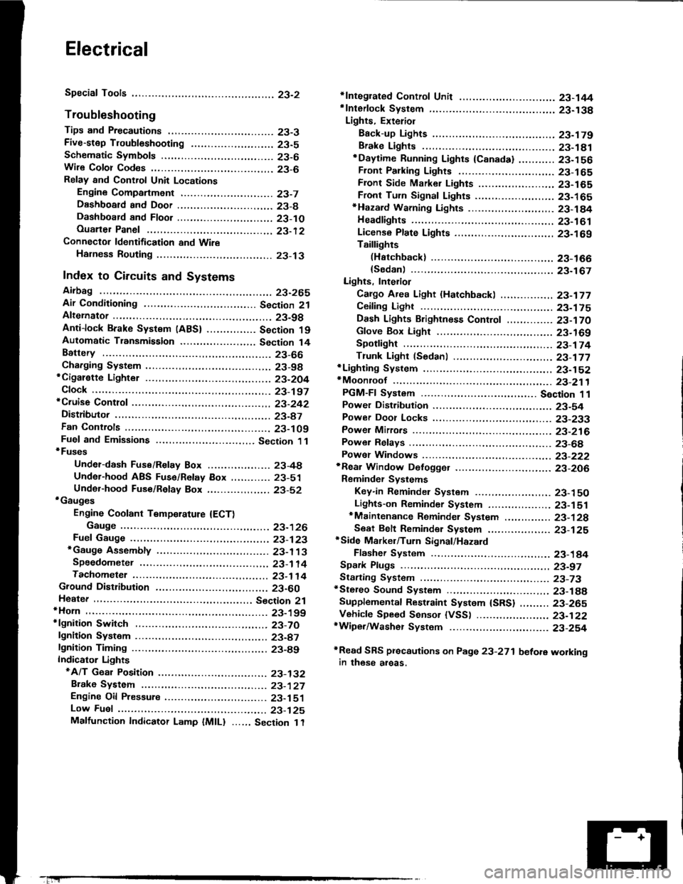 HONDA INTEGRA 1994 4.G Owners Guide Electrical
Special Tools
Troubleshooting
Tips and Precautions ................................ 23-3Five-stop Tloubleshooting ..............,...-..-... Z3-sSchematic Symbols ...........................