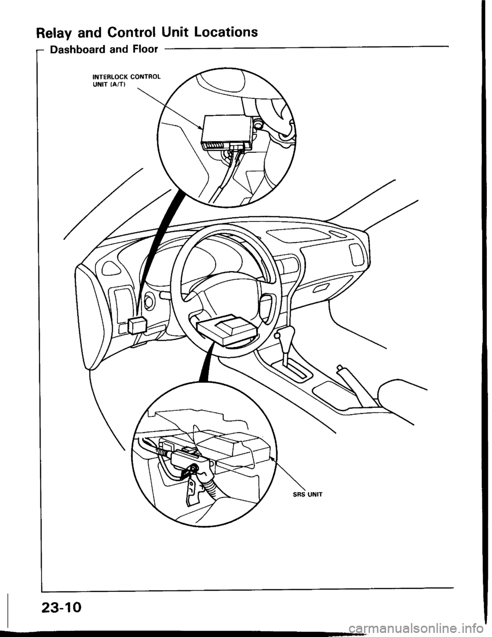 HONDA INTEGRA 1994 4.G Repair Manual Relay and Control Unit Locations
Dashboard and Floor
INT€RLOCK CONTROLUNIT IA/T)
G
23-10 HONDA INTEGRA 1994 4.G Repair Manual Relay and Control Unit Locations
Dashboard and Floor
INT€RLOCK CONTROLUNIT IA/T)
G
23-10