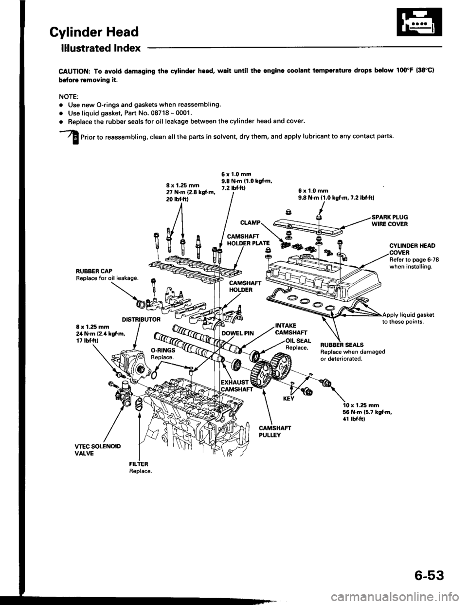 HONDA INTEGRA 1994 4.G Owners Guide Cylinder Head
lllustrated Index
CAUTION: To svoid dsmaging the cylindor h.ad, wsit until tho engino coollnt tomper.turo drop3 bolow 100F (38C)
bofore romoving it.
NOTE:
r Use new O-rings and gaskets