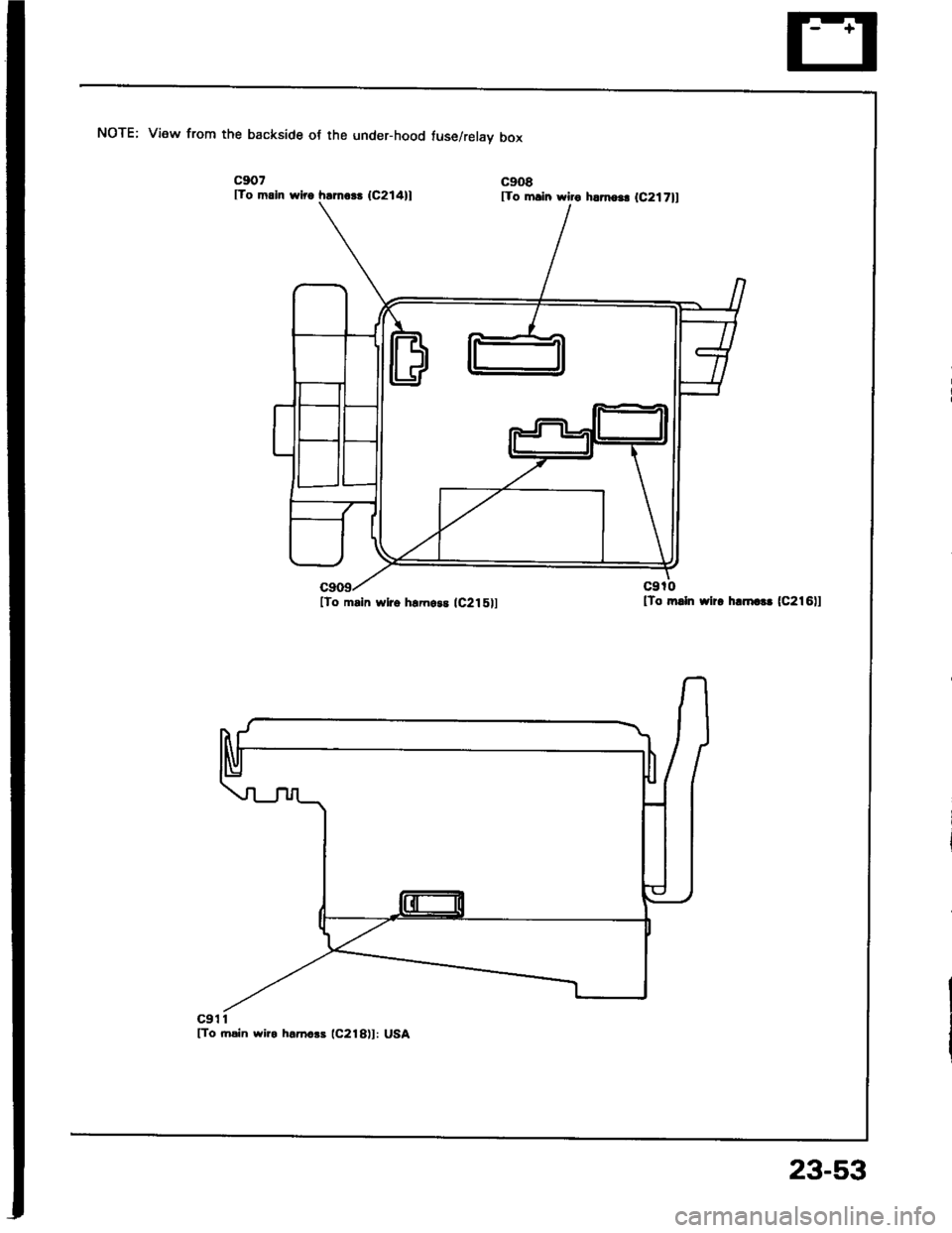 HONDA INTEGRA 1994 4.G Repair Manual NOTE; View from the backside of the under-hood fuse/relav box
c907lTo m.ln wiro h.mo$ (C214)l
[To msin wlro hEmoss lc215l]
c911lTo ftain wiro hamers (C218)l: USA
lTo mlln wlr. hlmct. (C216li
lTo mrin 