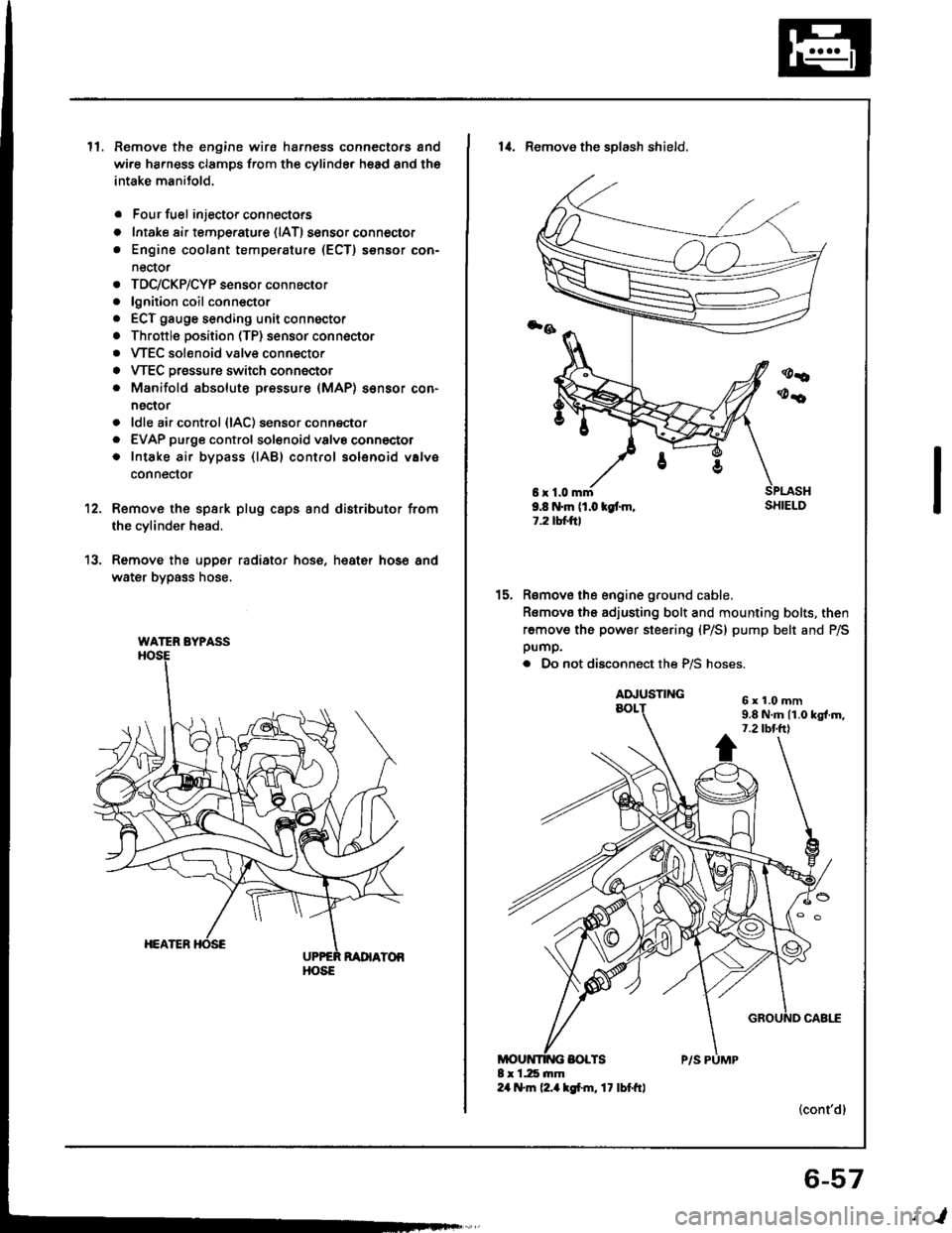 HONDA INTEGRA 1994 4.G Workshop Manual ll.Remove the engine wire harness connectors and
wi.e ha.ness clamps from the cylinder head and the
intake manitold.
Four fuel injector connectors
Intake air tempe.ature {lAT) sensor connector
Engine 