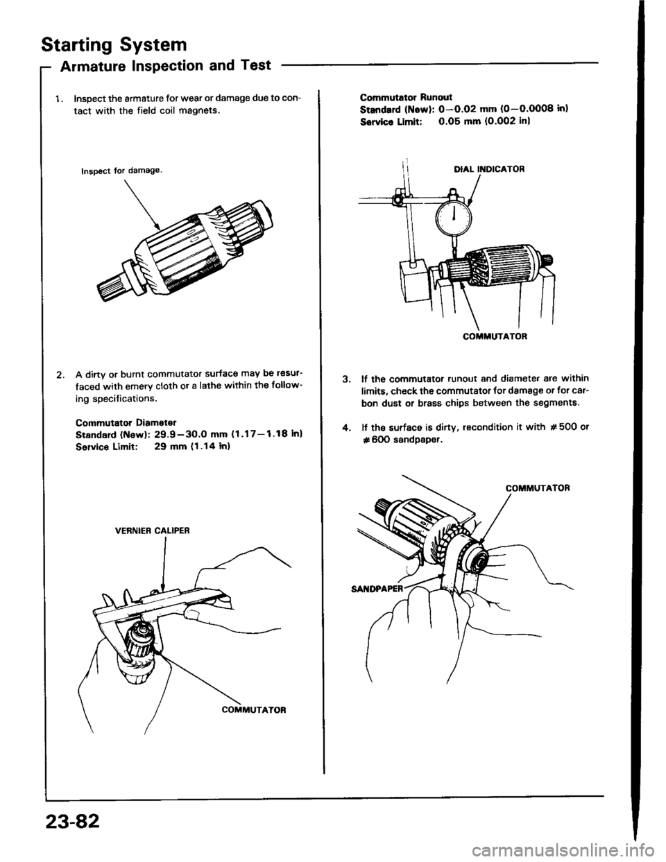 HONDA INTEGRA 1994 4.G Workshop Manual Starting System
Armature Inspection and Test
1 . Inspect the armature for wear or damage due to con-
tact with the field coil magnets.
Inspect tor damage
A dirtv or burnt commutator surface may be lâ‚ HONDA INTEGRA 1994 4.G Workshop Manual Starting System
Armature Inspection and Test
1 . Inspect the armature for wear or damage due to con-
tact with the field coil magnets.
Inspect tor damage
A dirtv or burnt commutator surface may be lâ‚