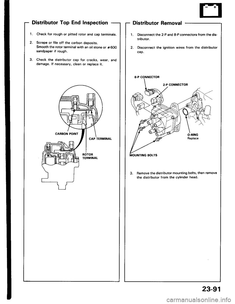HONDA INTEGRA 1994 4.G Manual PDF Distributor Top End Inspection
1.
2.
Check for rough or pitted rotor and cap tefminals.
Scrape or file oft the carbon deposits.
Smooth the rotor terminal with an oil stone or #600sandpaper i{ rough.
C HONDA INTEGRA 1994 4.G Manual PDF Distributor Top End Inspection
1.
2.
Check for rough or pitted rotor and cap tefminals.
Scrape or file oft the carbon deposits.
Smooth the rotor terminal with an oil stone or #600sandpaper i{ rough.
C