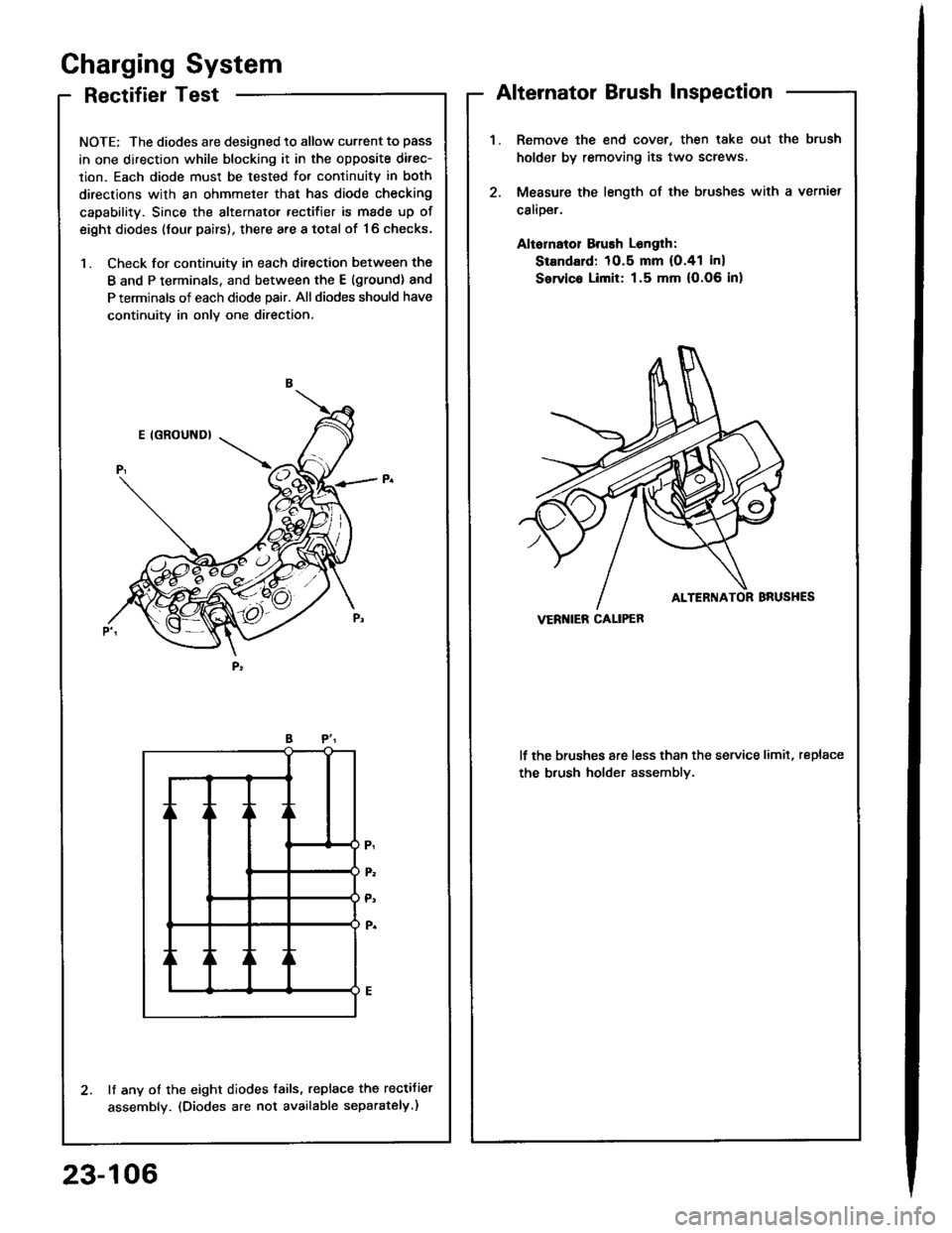 HONDA INTEGRA 1994 4.G Repair Manual RectifierTest
NOTE: The diodes are designed to allow current to pass
in one direction while blocking it in the opposite direc-
lion. Each diode must be tested for continuitv in both
directions with an HONDA INTEGRA 1994 4.G Repair Manual RectifierTest
NOTE: The diodes are designed to allow current to pass
in one direction while blocking it in the opposite direc-
lion. Each diode must be tested for continuitv in both
directions with an