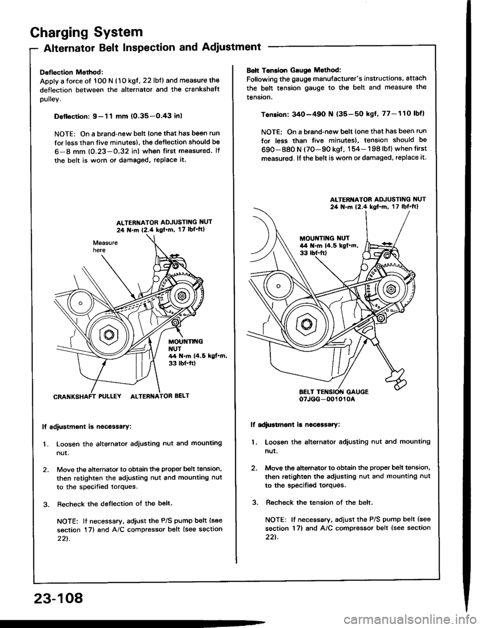 HONDA INTEGRA 1994 4.G Workshop Manual Charging System
Alternator Belt Inspection and Adjustment
Deflection Method:
Apply a force of 100 N (1o kgt, 22 lbJ) and measure the
deflection between the alternator and the crankshatt
pulley.
Detlsc HONDA INTEGRA 1994 4.G Workshop Manual Charging System
Alternator Belt Inspection and Adjustment
Deflection Method:
Apply a force of 100 N (1o kgt, 22 lbJ) and measure the
deflection between the alternator and the crankshatt
pulley.
Detlsc