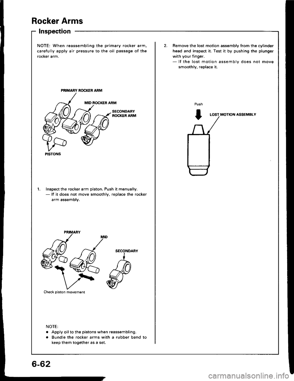 HONDA INTEGRA 1994 4.G Workshop Manual Rocker Arms
lnspection
NOTE: When reassembling the
carefully apply air pressure to t
rocker arm.
Inspect the rocker arm piston.- lf it does not move smoot
arm assembly.
 xva
V/\Check piston movement
