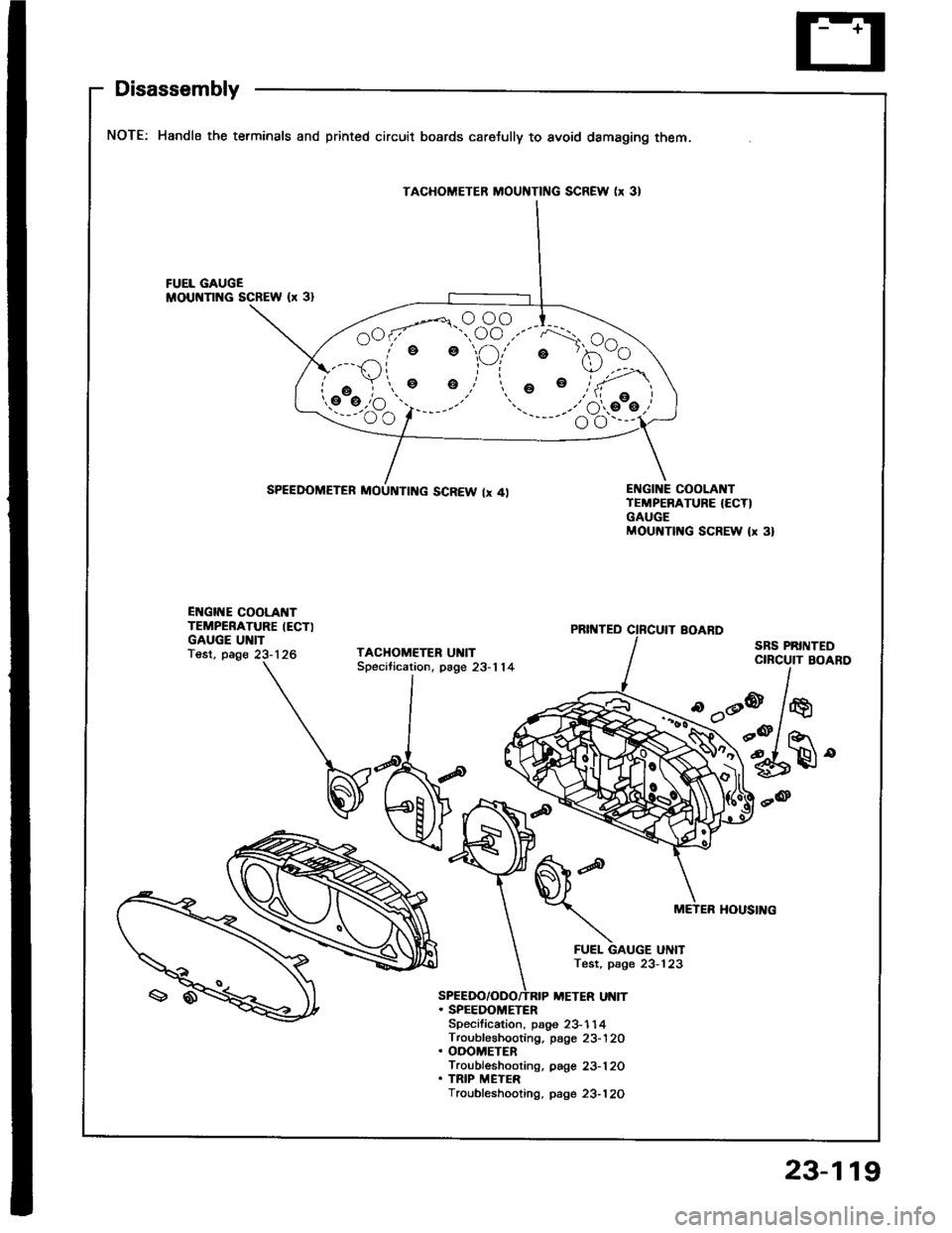 HONDA INTEGRA 1994 4.G Service Manual Disassembly
NOTE: Handle the terminals and printed circuit boards caretully to avoid damaging them.
ENGINE COOLA]TTTEiIPERATURE {ECT}GAUGEMOUNTING SCREW (x 3)
TAGHOMETER MOUI{TING SCREW (x 3l
SPEEDOME