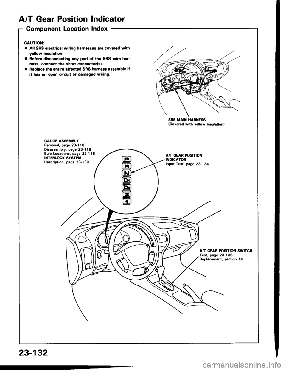 HONDA INTEGRA 1994 4.G Repair Manual A/T Gear PositionIndicator
Component Locationlndex
23-132
cAUTtOt{:
a All SRS olectdcal wiring harnossos a16 covarod with
yellow insulation.
Boforo disconnocting any part ot the SRS wlr. har-
noaa, co HONDA INTEGRA 1994 4.G Repair Manual A/T Gear PositionIndicator
Component Locationlndex
23-132
cAUTtOt{:
a All SRS olectdcal wiring harnossos a16 covarod with
yellow insulation.
Boforo disconnocting any part ot the SRS wlr. har-
noaa, co